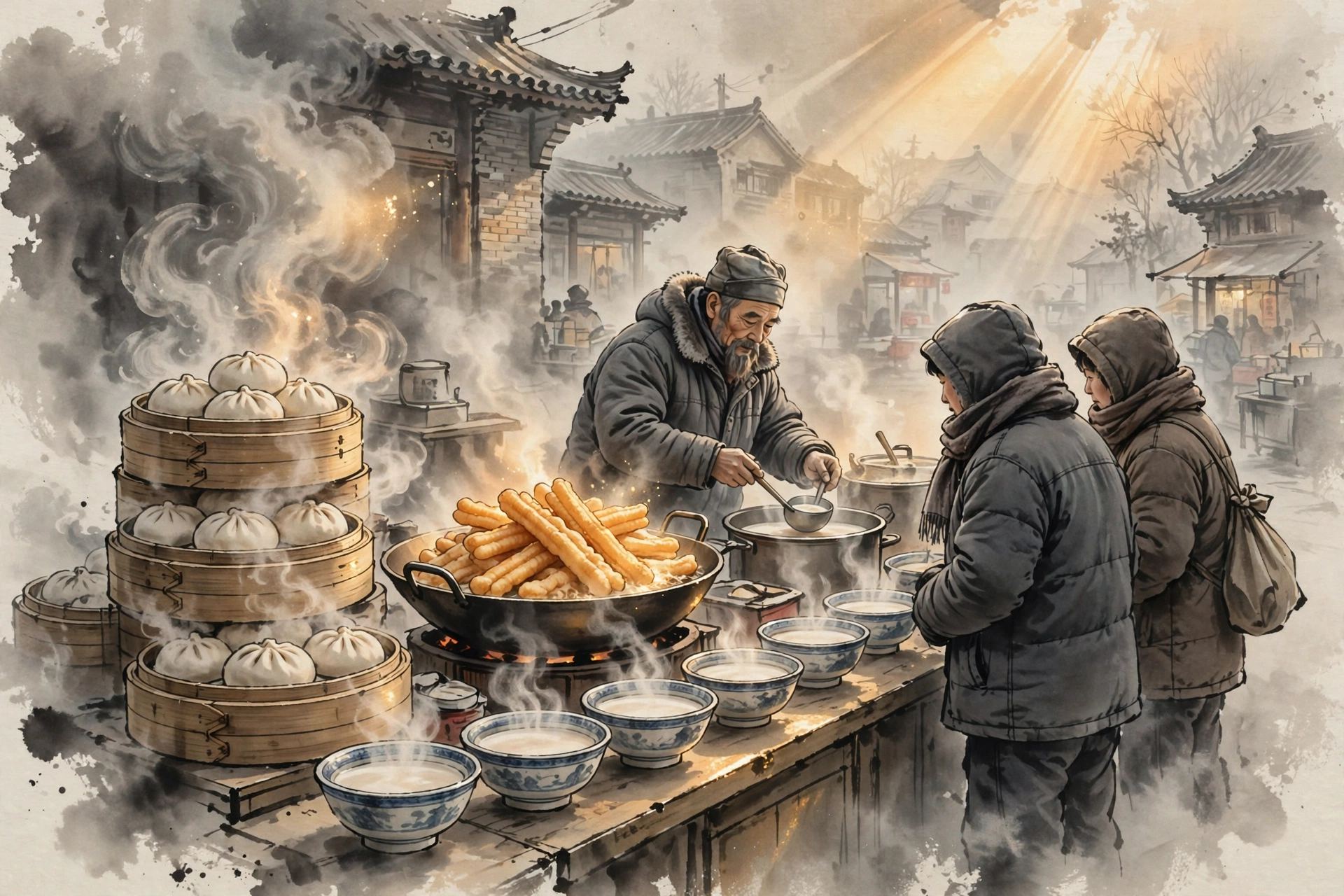 Ink-wash illustration of a Jilin breakfast stall at dawn with steaming baozi and youtiao